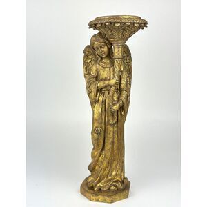 Antique Gilded Angel Candle Holder Sculpture Hand Carved Resin Metal 15" Tall